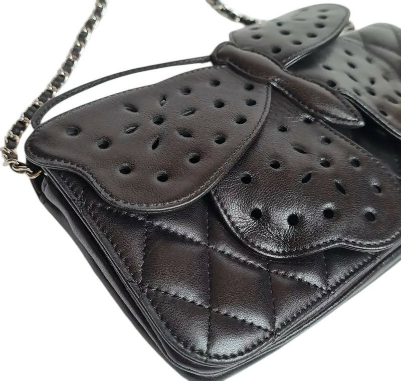 Rare Chanel 2011 Lambskin Black Butterfly Ornament Clutch Crossbody Flap Bag