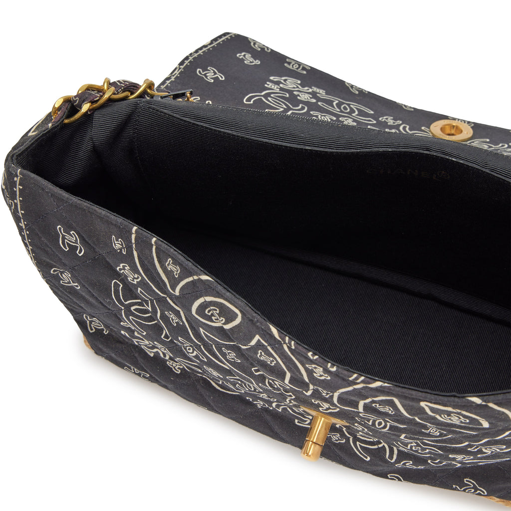 Chanel 1991-1994 Black CC Logo Printed Canvas and Raffia Bandana Jumbo Flap Bag