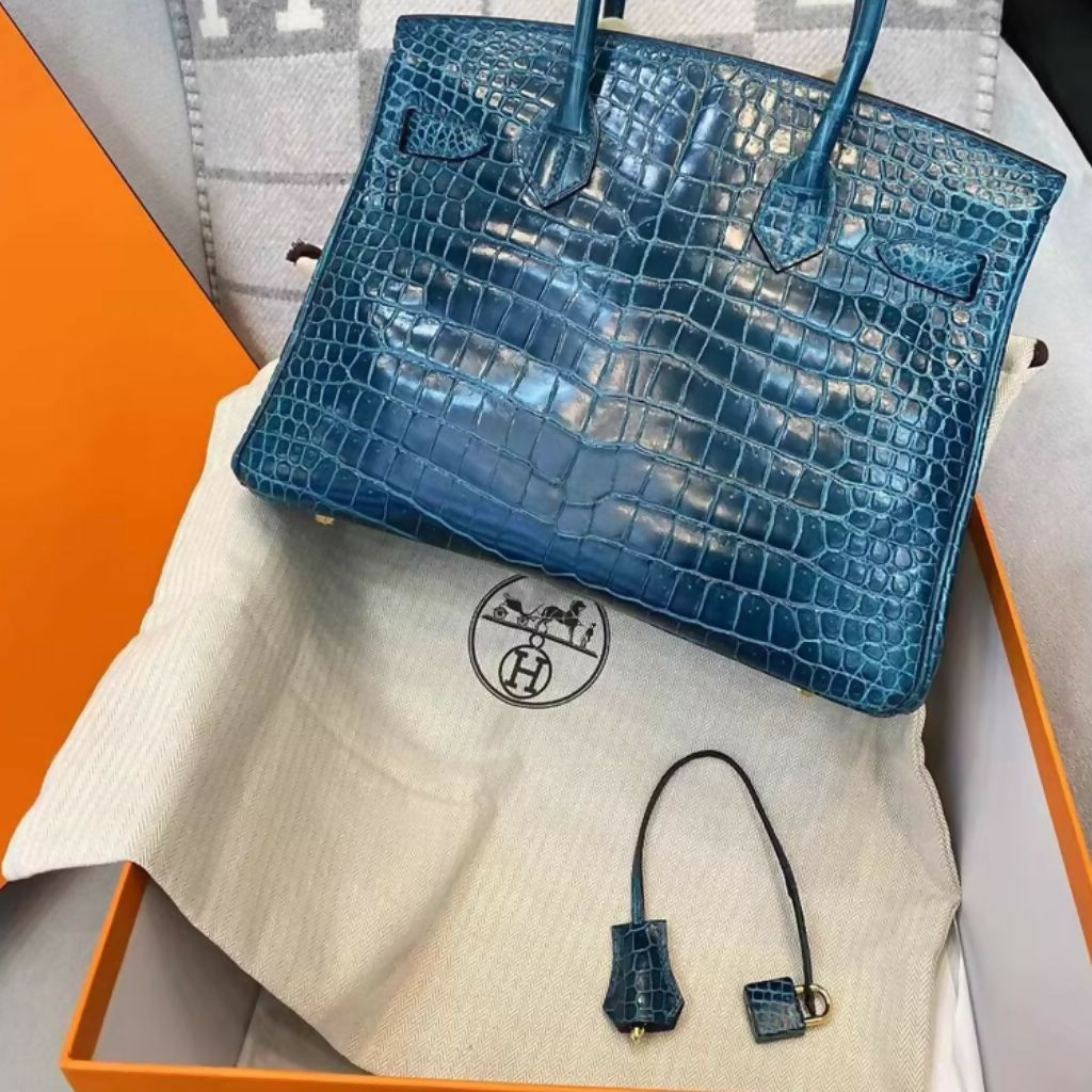 Hermes birkin 30 Blue Paon Shiny Crocodile Leather Gold Hardware