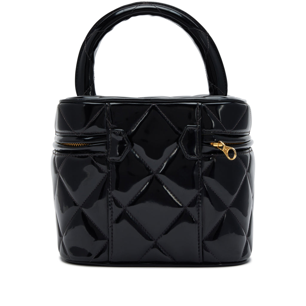 Chanel 1995 Black Quilted Patent Barbie Heart Mirror Vanity Case Bag Gold Hardware