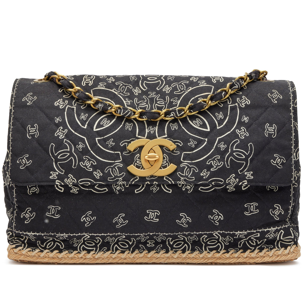 Chanel 1991-1994 Black CC Logo Printed Canvas and Raffia Bandana Jumbo Flap Bag