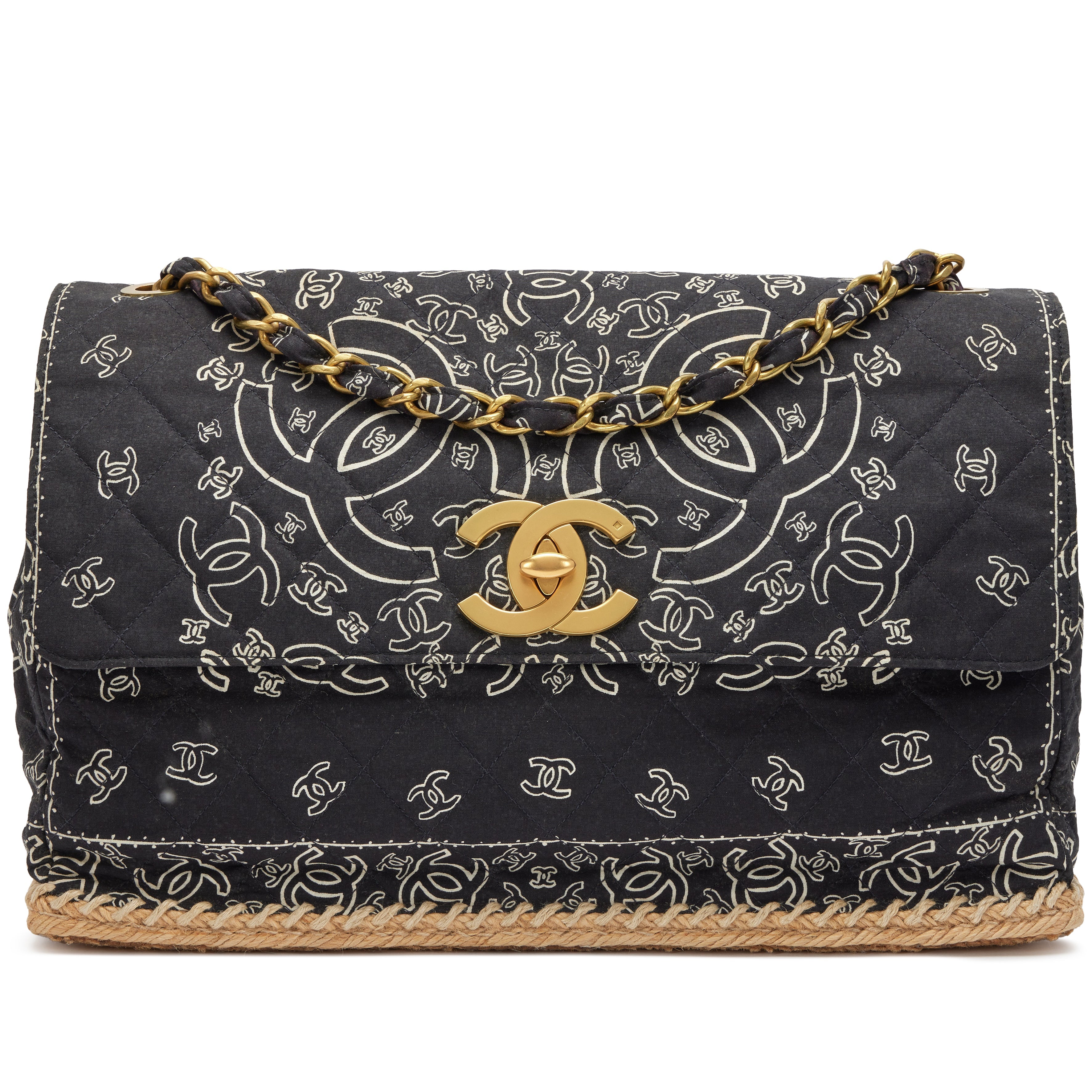 Chanel 1991-1994 Black CC Logo Printed Canvas and Raffia Bandana Jumbo Flap Bag