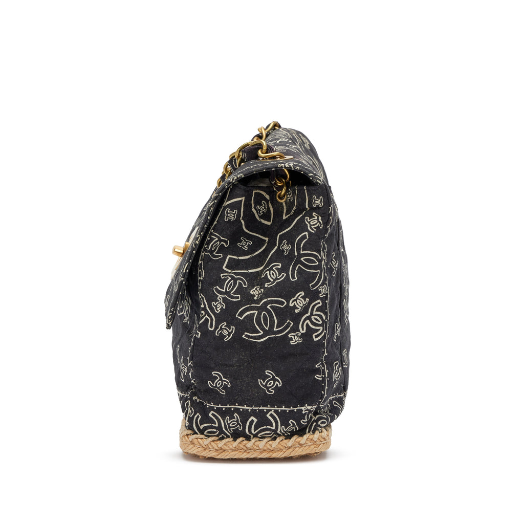 Chanel 1991-1994 Black CC Logo Printed Canvas and Raffia Bandana Jumbo Flap Bag