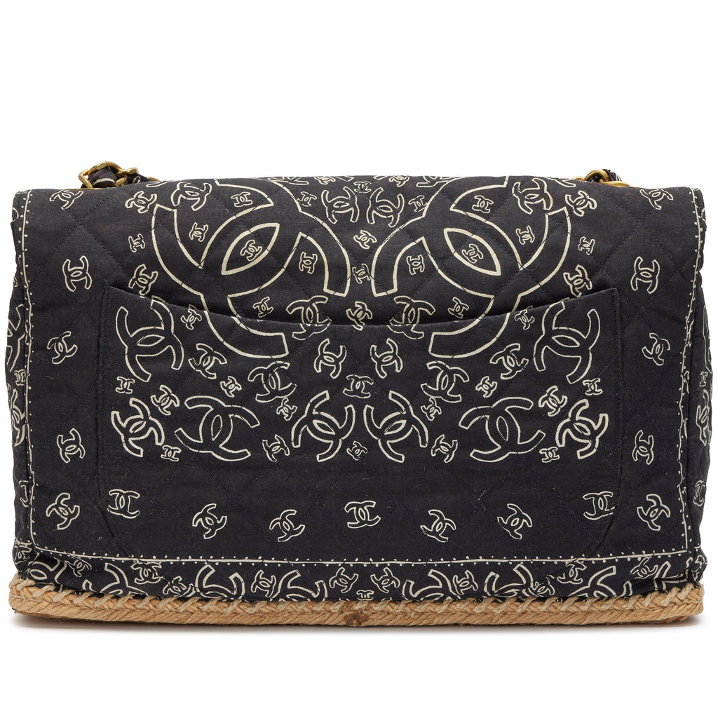 Chanel 1991-1994 Black CC Logo Printed Canvas and Raffia Bandana Jumbo Flap Bag