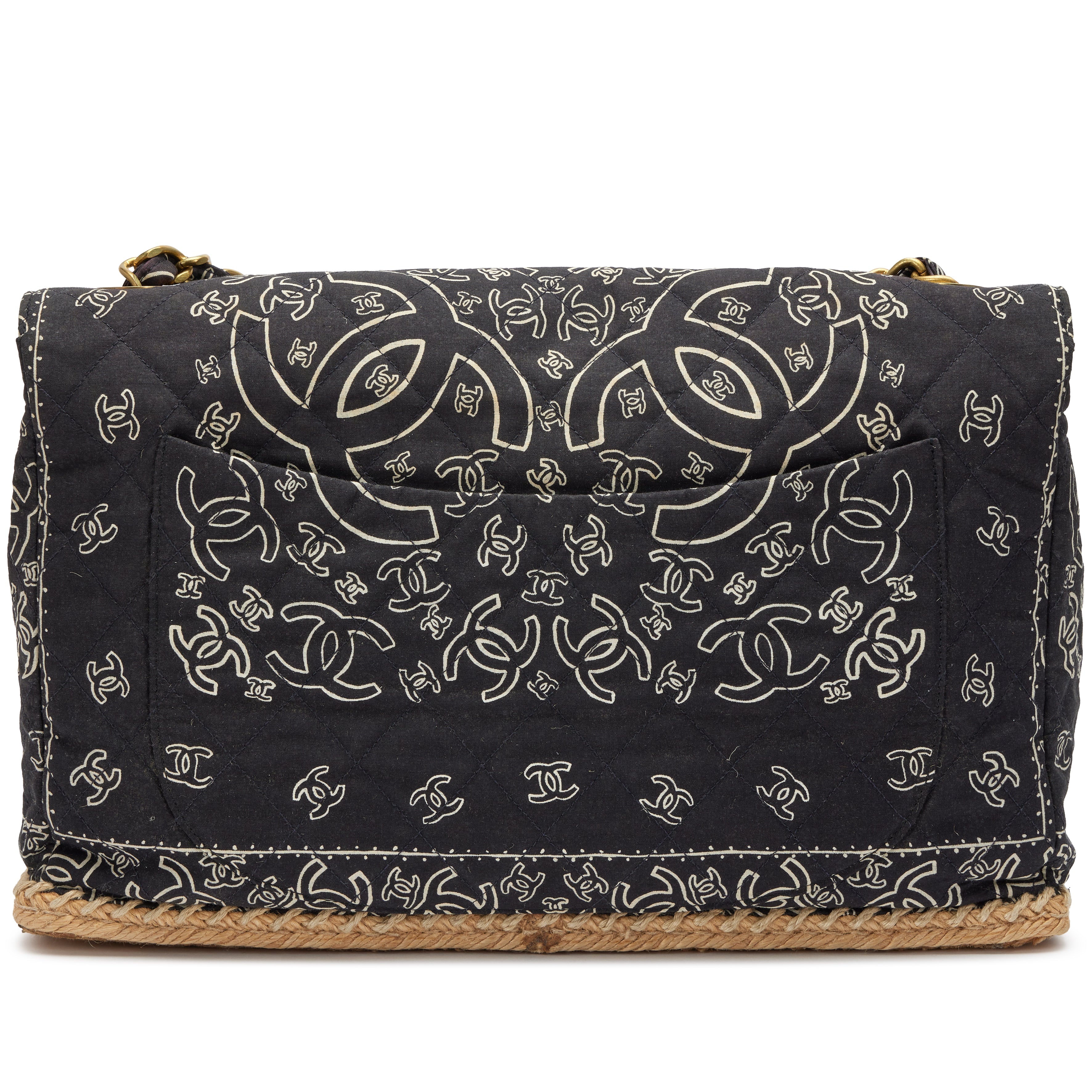 Chanel 1991-1994 Black CC Logo Printed Canvas and Raffia Bandana Jumbo Flap Bag