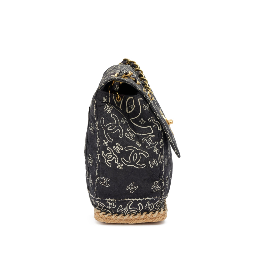 Chanel 1991-1994 Black CC Logo Printed Canvas and Raffia Bandana Jumbo Flap Bag