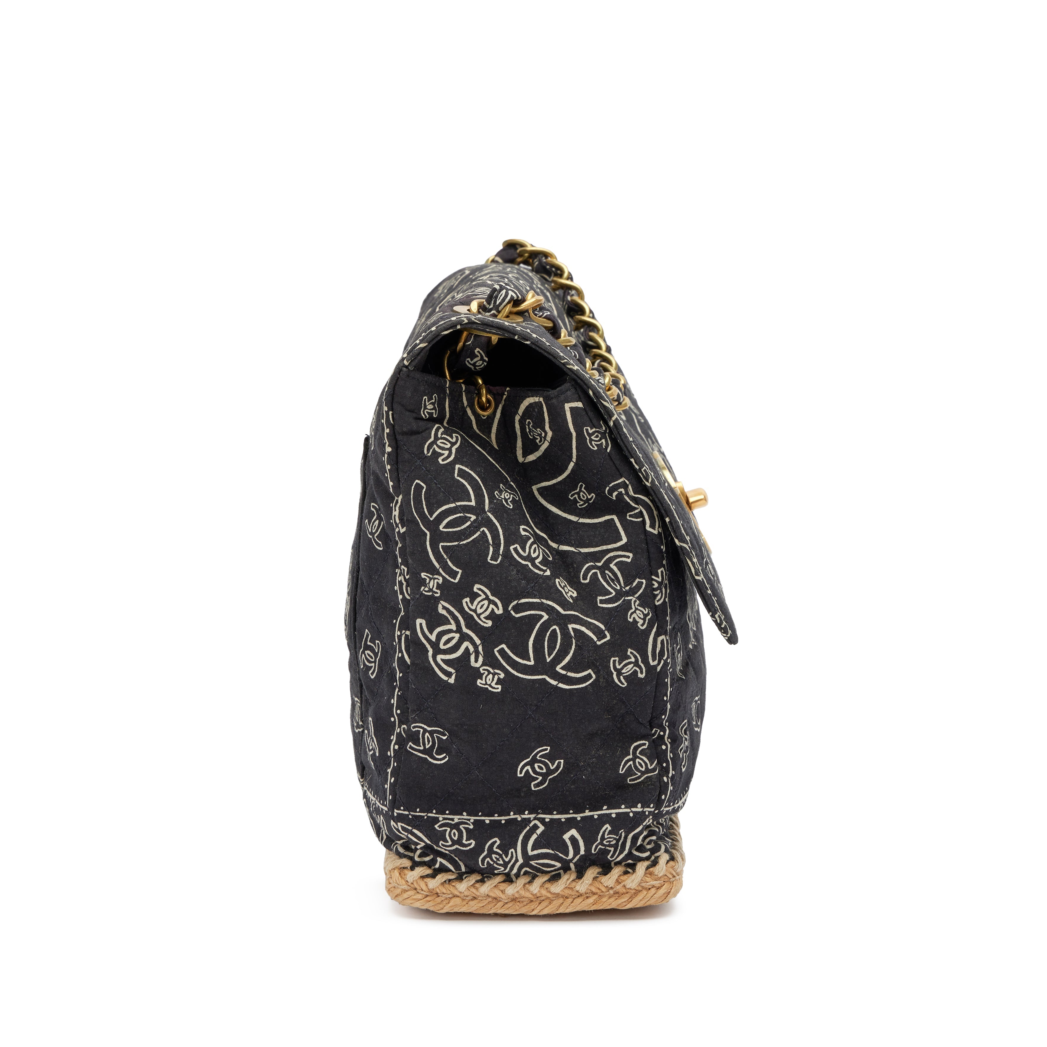 Chanel 1991-1994 Black CC Logo Printed Canvas and Raffia Bandana Jumbo Flap Bag