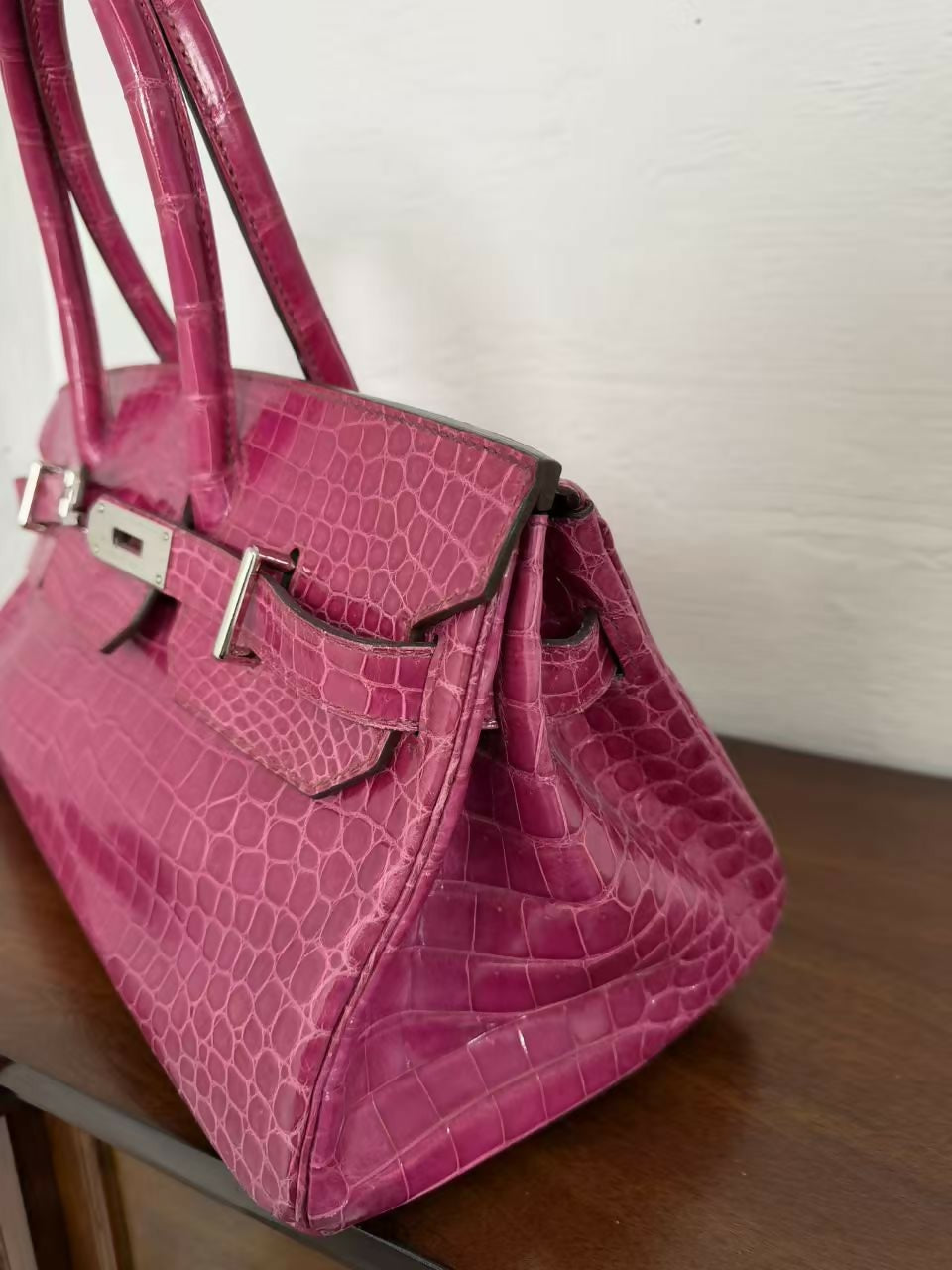 Hermes Birkin shoulder Rose Scheherazade Pink Crocodile Leather Palladium Hardware