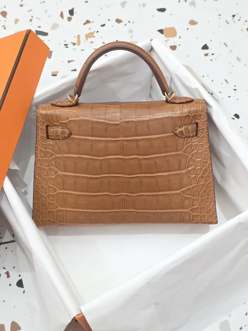 Hermes Mini Kelly 20 Brown Gold matte alligator gold hardware