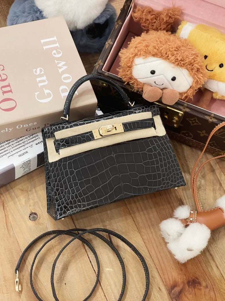 Hermès Mini Kelly 20 graphite grey shiny crocodile leather light gold hardware