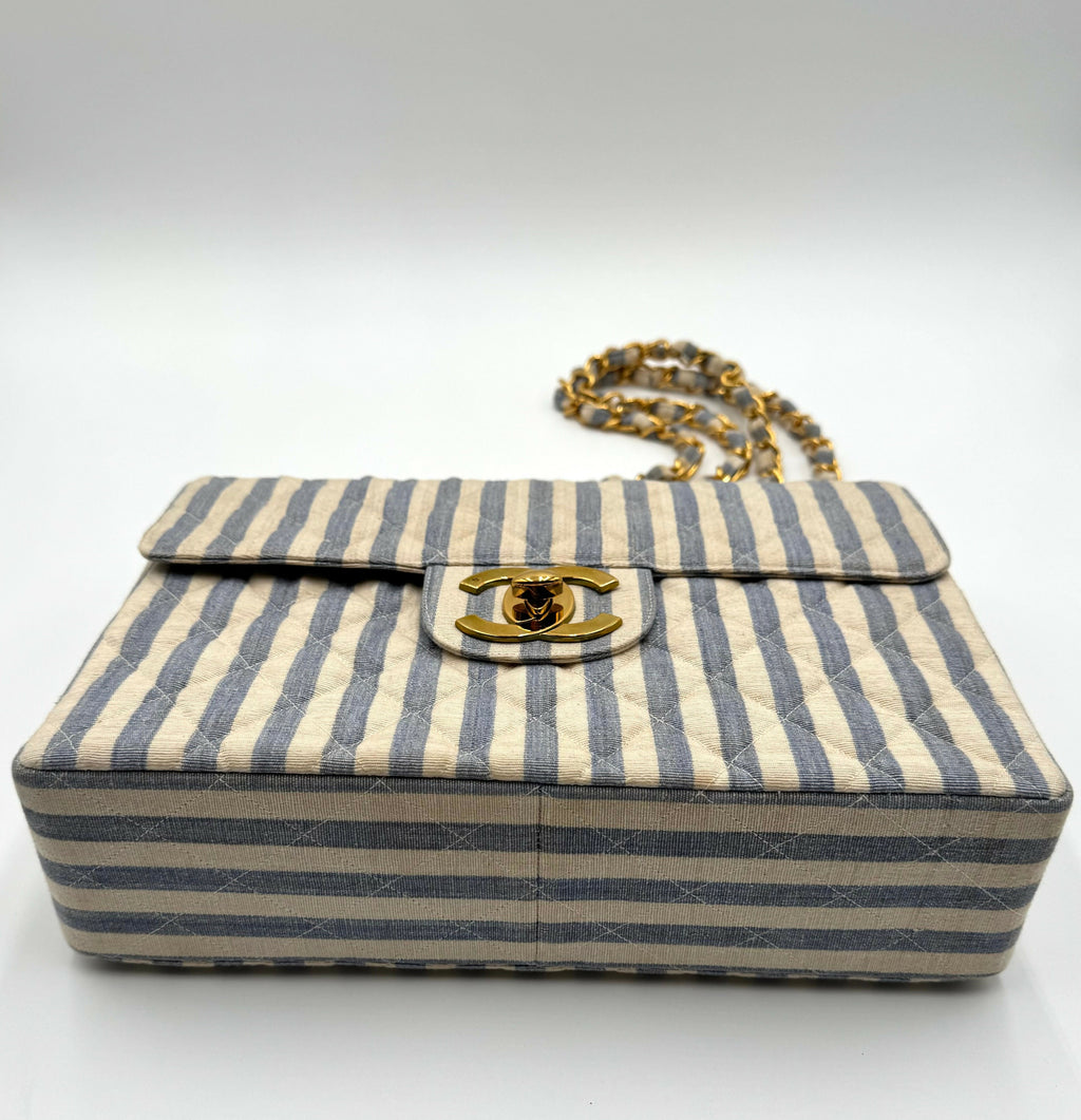 Chanel Vintage 1990s Blue and White Striped Linen Jumbo Single Classic Flap Bag