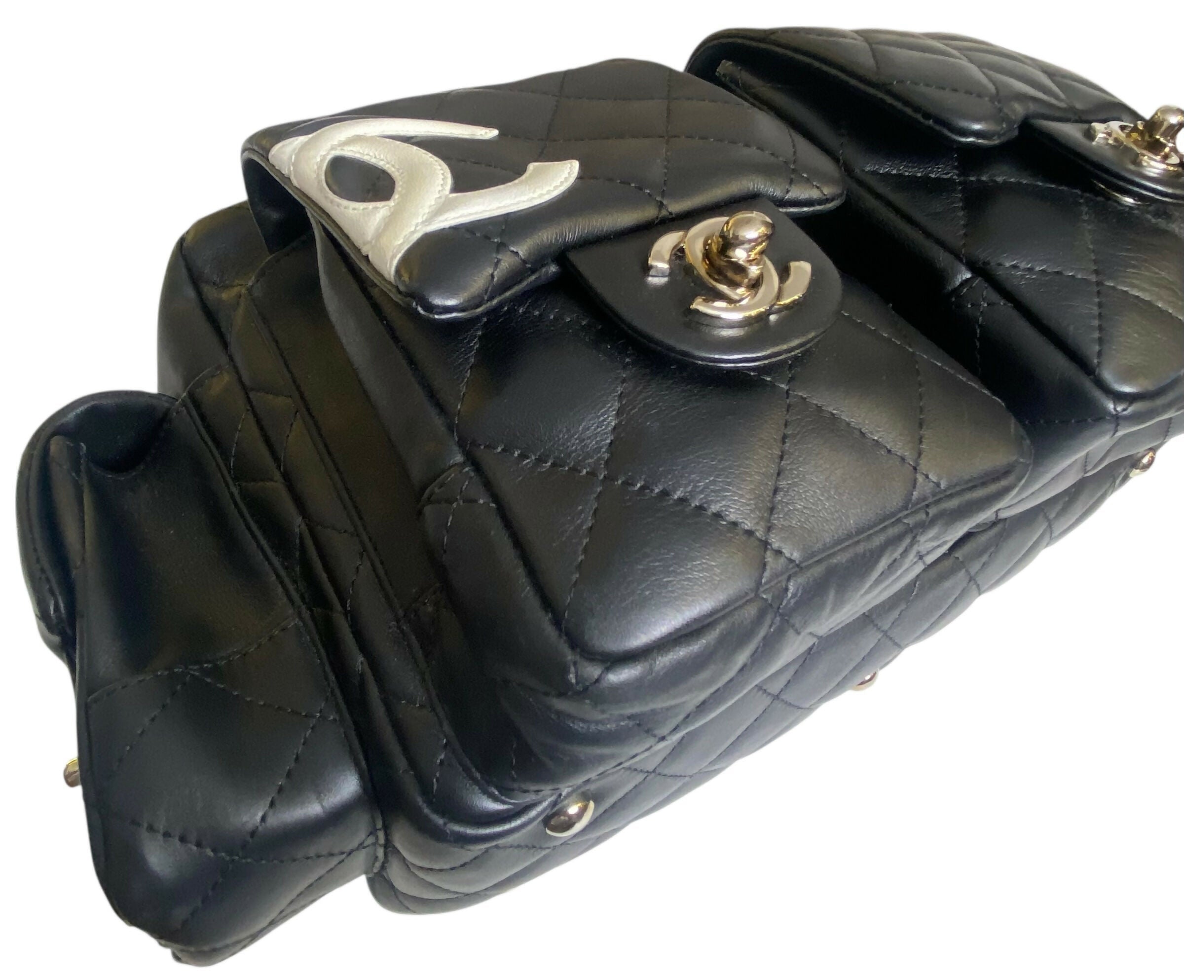 Chanel 2005 Small Cambon Reporter Black White Lambskin Handbag SHW