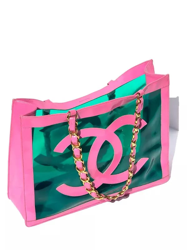 Chanel 1995 Spring/Summer Barbie Collection Vintage Pink Patent and Green PVC Tote