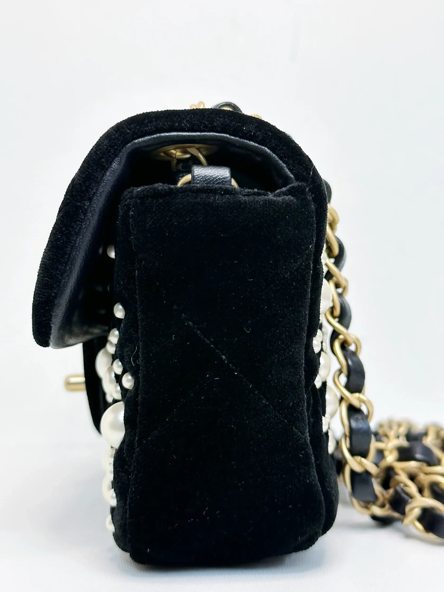 Chanel 2022 Mini Flap Bag in Black Velvet with Pearls and Gold Hardware