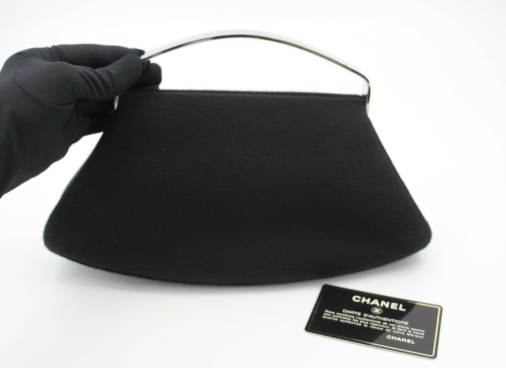 Chanel Vintage 97-99 Metal & Suede Black Silver Top Handle Satchel Clutch Evening Party Bag