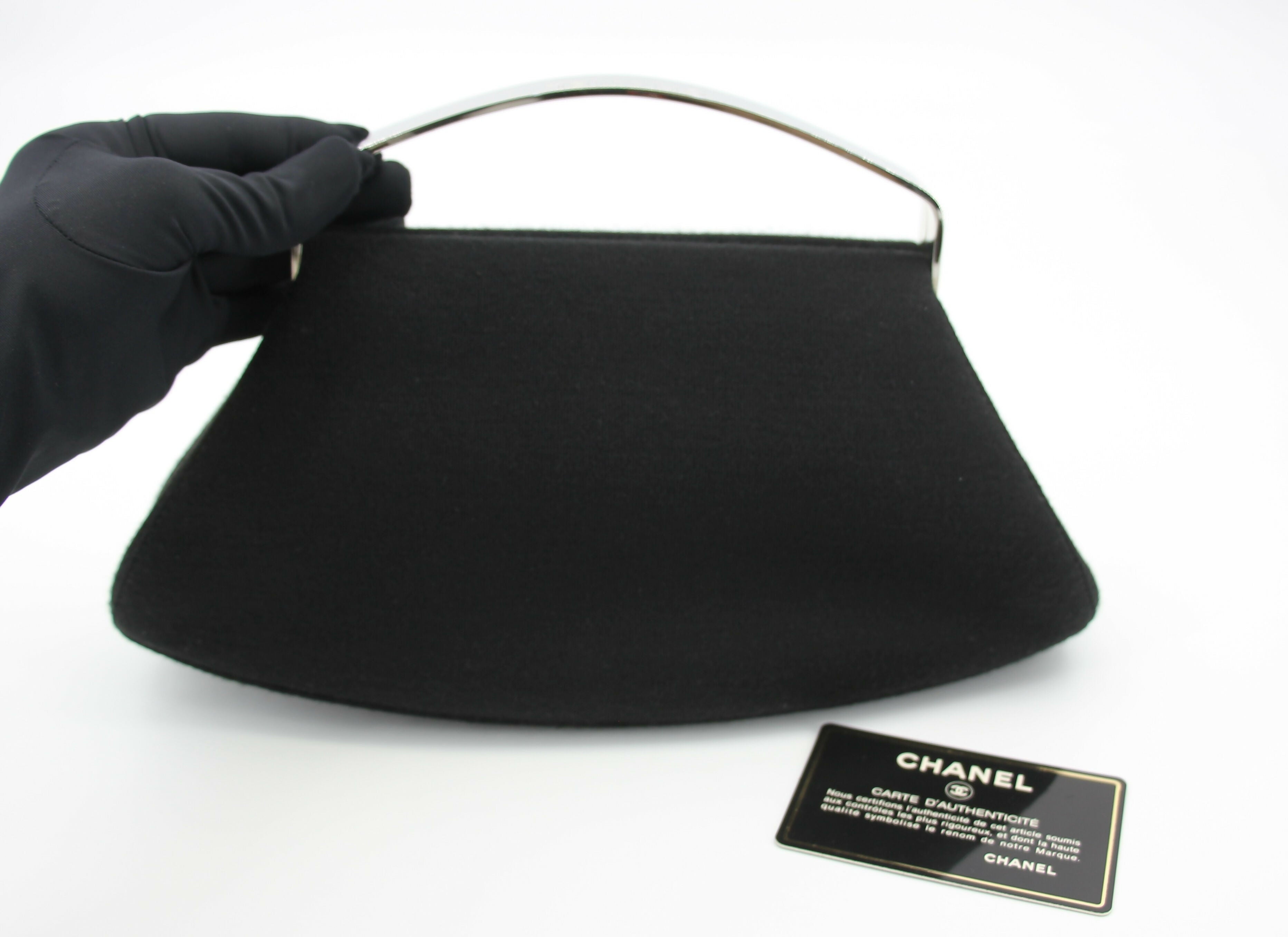 Chanel Vintage 97-99 Metal & Suede Black Silver Top Handle Satchel Clutch Evening Party Bag