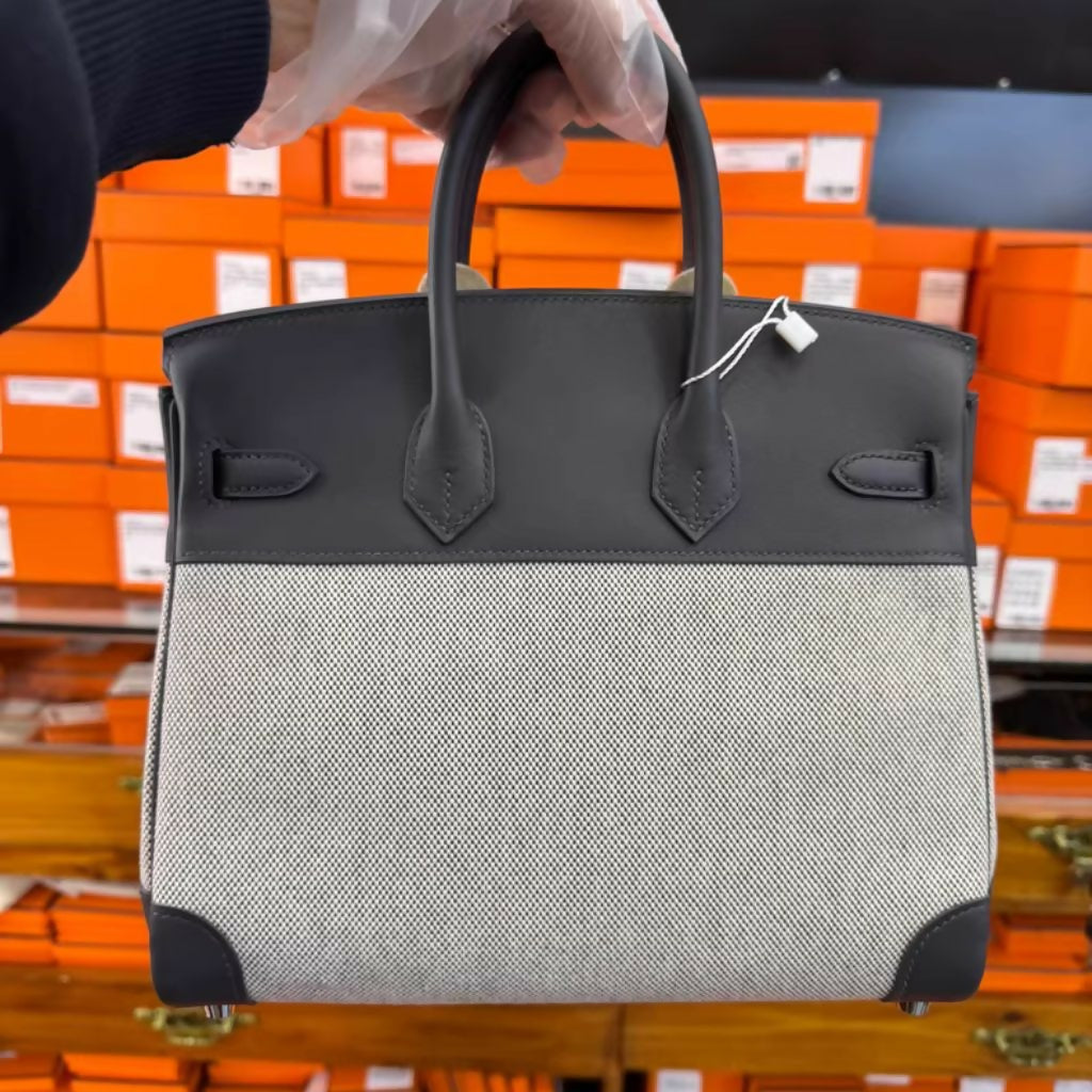 Hermès birkin 25 Black Swift Leather & Toile Retourne palladium hardware