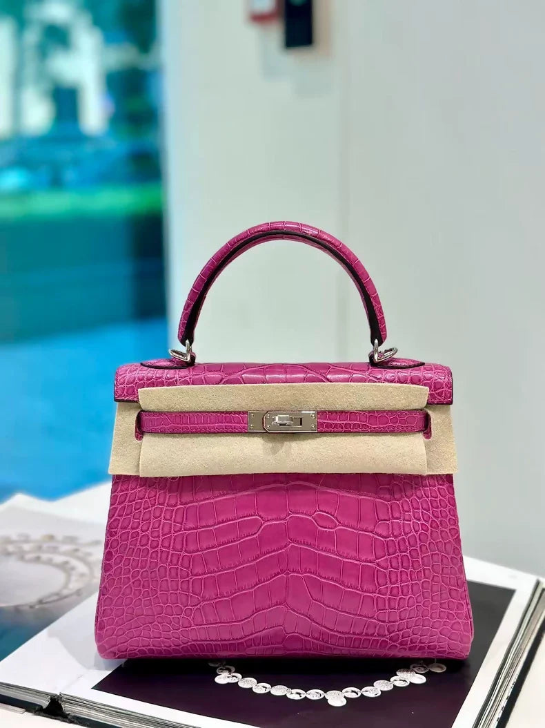 Hermes Kelly 25 J5 rose Scheherazade matte alligator palladium hardware