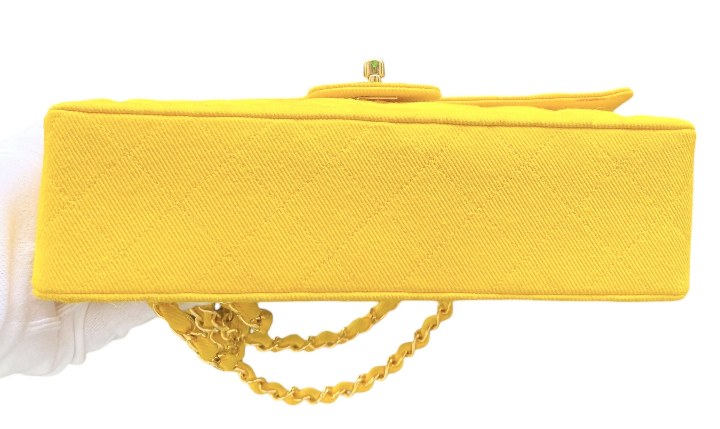 Vintage Chanel 1992 Yellow Denim Medium Classic Flap Bag 24K Gold Hardware