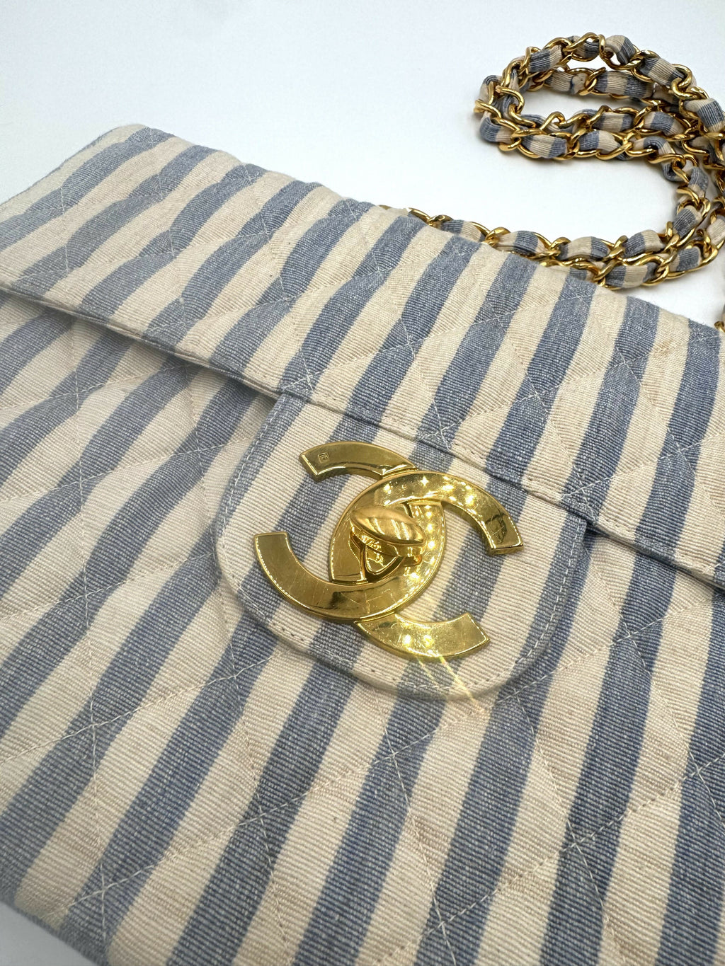 Chanel Vintage 1990s Blue and White Striped Linen Jumbo Single Classic Flap Bag