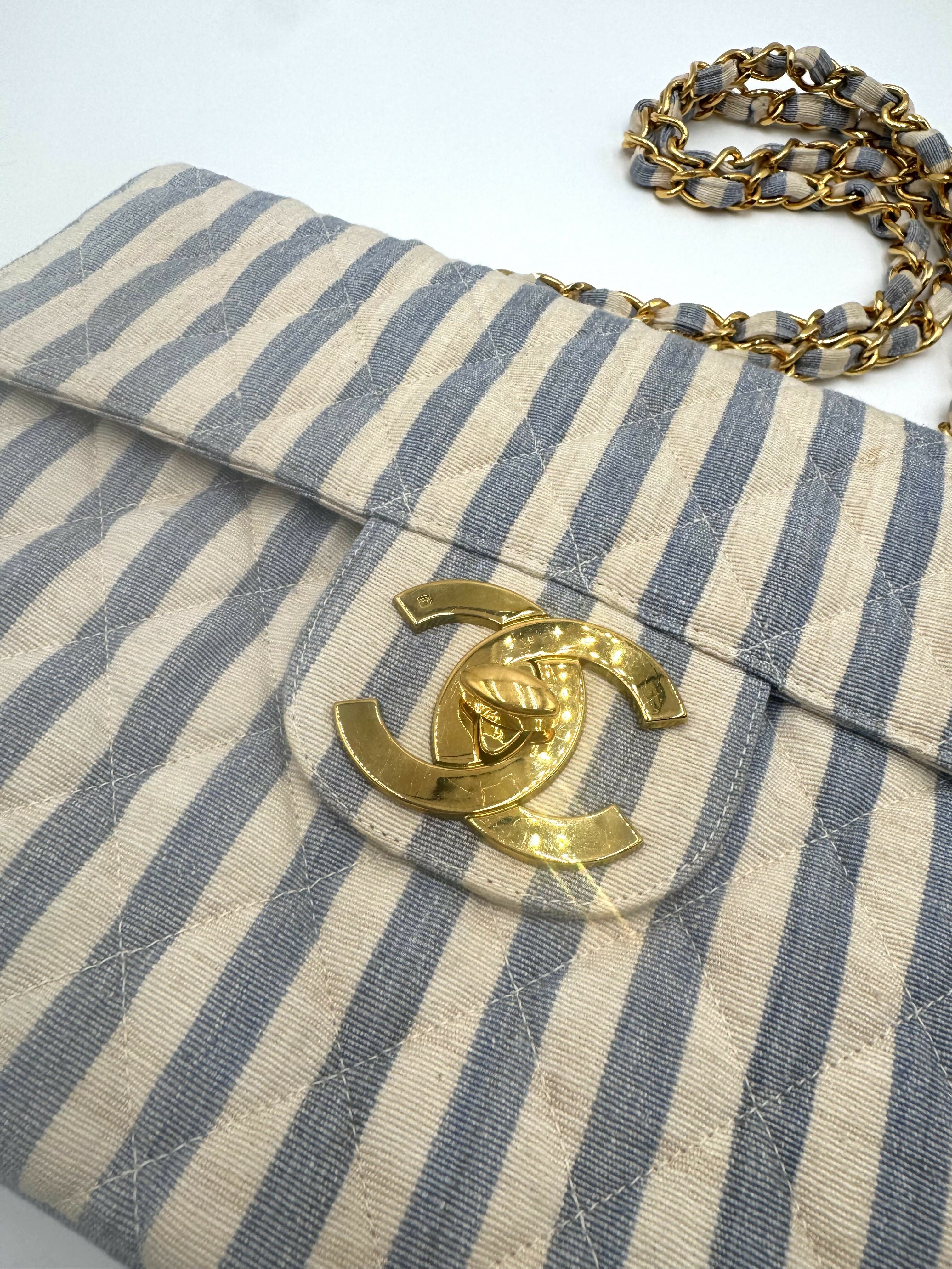 Chanel Vintage 1990s Blue and White Striped Linen Jumbo Single Classic Flap Bag