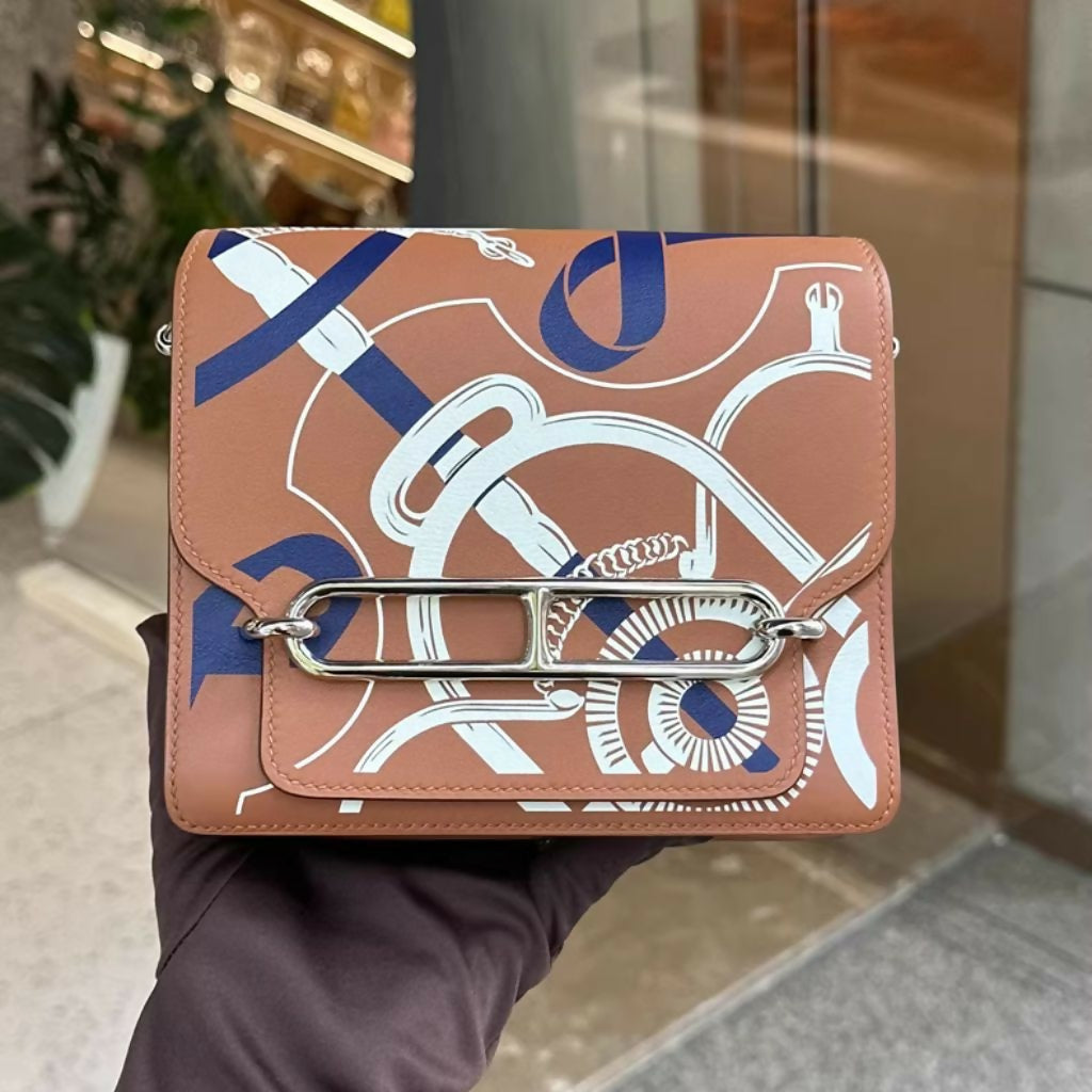 HERMES Swift Printed Eperon d'Or Mini Sac Roulis Gold White Bleu Encre