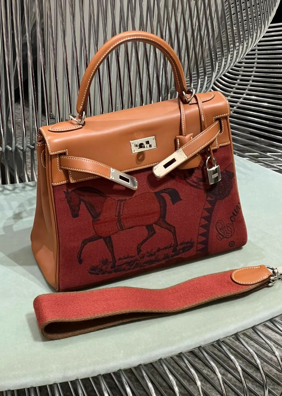 Hermes kelly 28 saddle leather and canvas palladium hardware