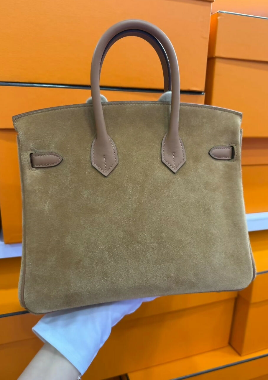Hermès Birkin 25 Gold Swift and Grizzly Suede Leather Gold Hardware