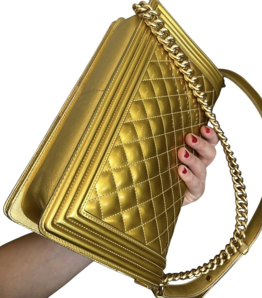 Chanel 2017 New Medium Boy Metallic Gold Patent Calfskin Leather GHW