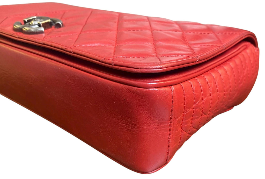 Chanel Red Quilted Glazed Aged Calfskin Leather Medium Coco Boy Flap Bag