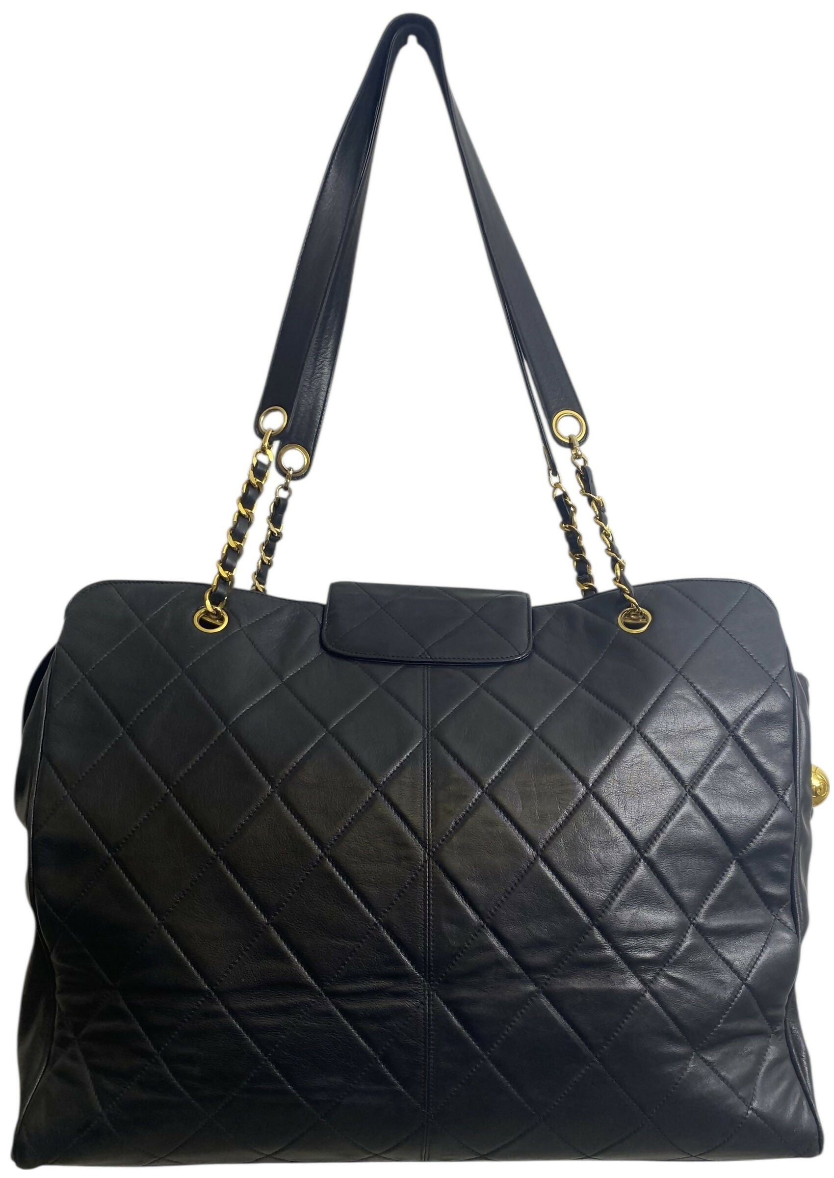 Chanel Vintage Supermodel 90’s Black XL Quilted Weekender Tote Bag 24K Gold Hardware