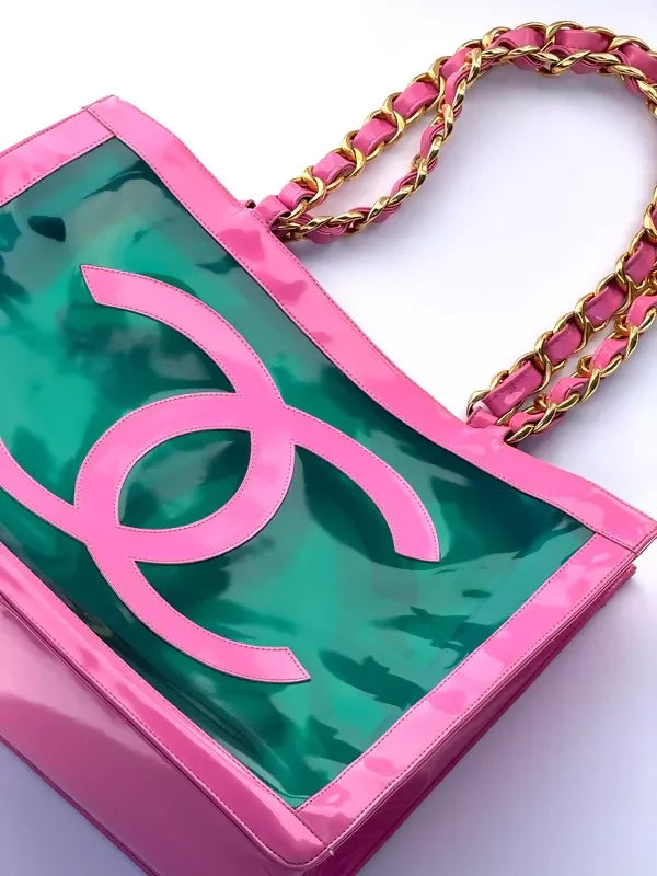 Chanel 1995 Spring/Summer Barbie Collection Vintage Pink Patent and Green PVC Tote