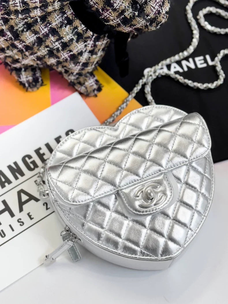 Chanel 25b silver metallicheart-shaped bag