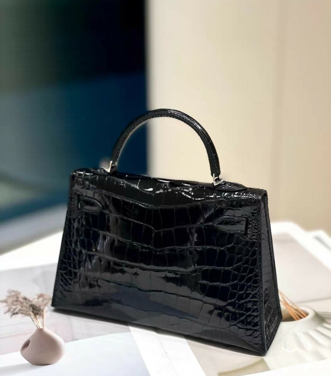 Hermès Mini Kelly Black Shiny Crocodile Palladium Hardware