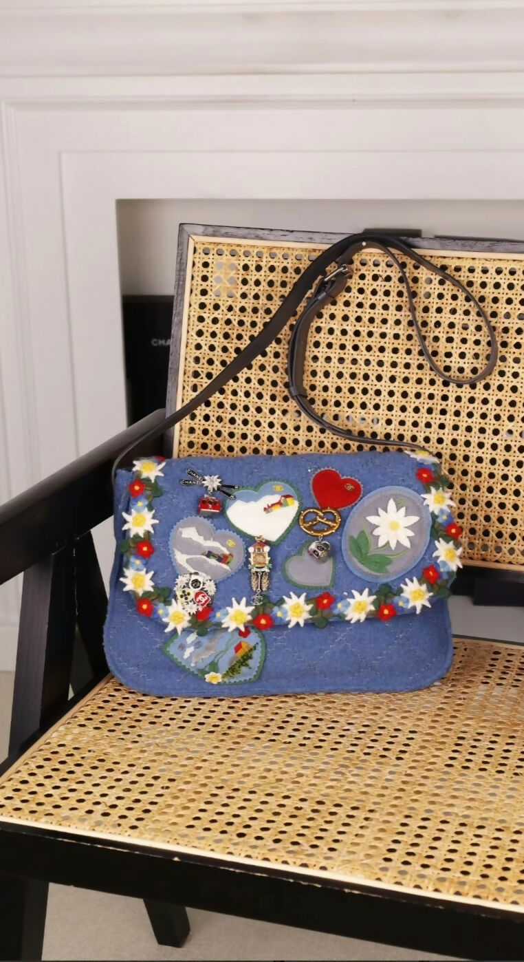 Limited edition Chanel 2015 Blue Fabric Paris-Salzburg Crest Austrian Embroidered Messenger Bag
