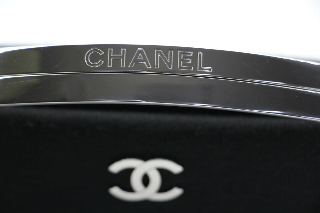 Chanel Vintage 97-99 Metal & Suede Black Silver Top Handle Satchel Clutch Evening Party Bag