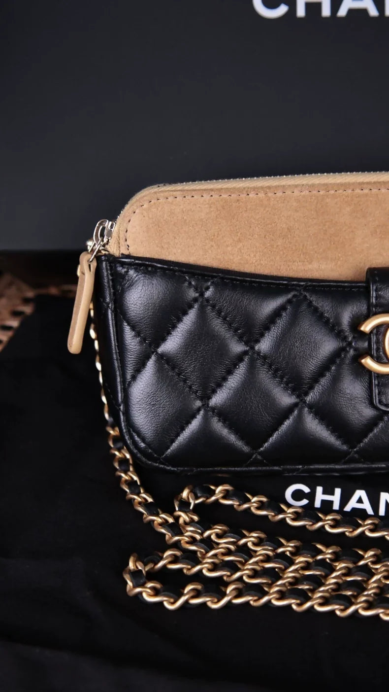 Chanel 25A Camel Suede and Black Lambskin Shoulder Bag