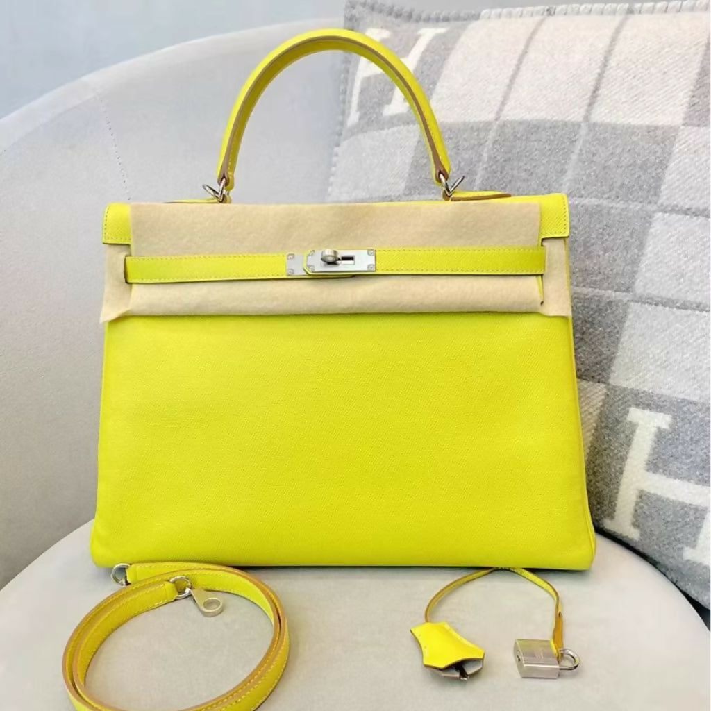 Hermes kelly 35 9R lime Epsom leather Palladium hardware