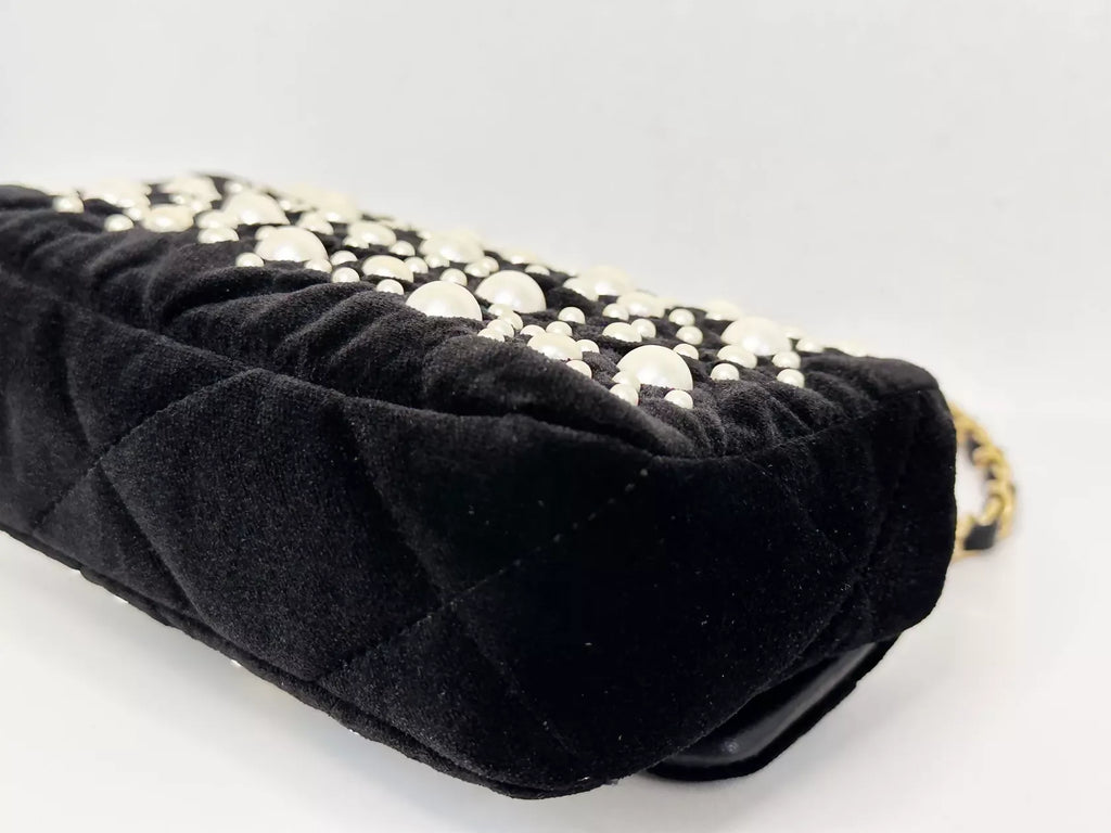 Chanel 2022 Mini Flap Bag in Black Velvet with Pearls and Gold Hardware