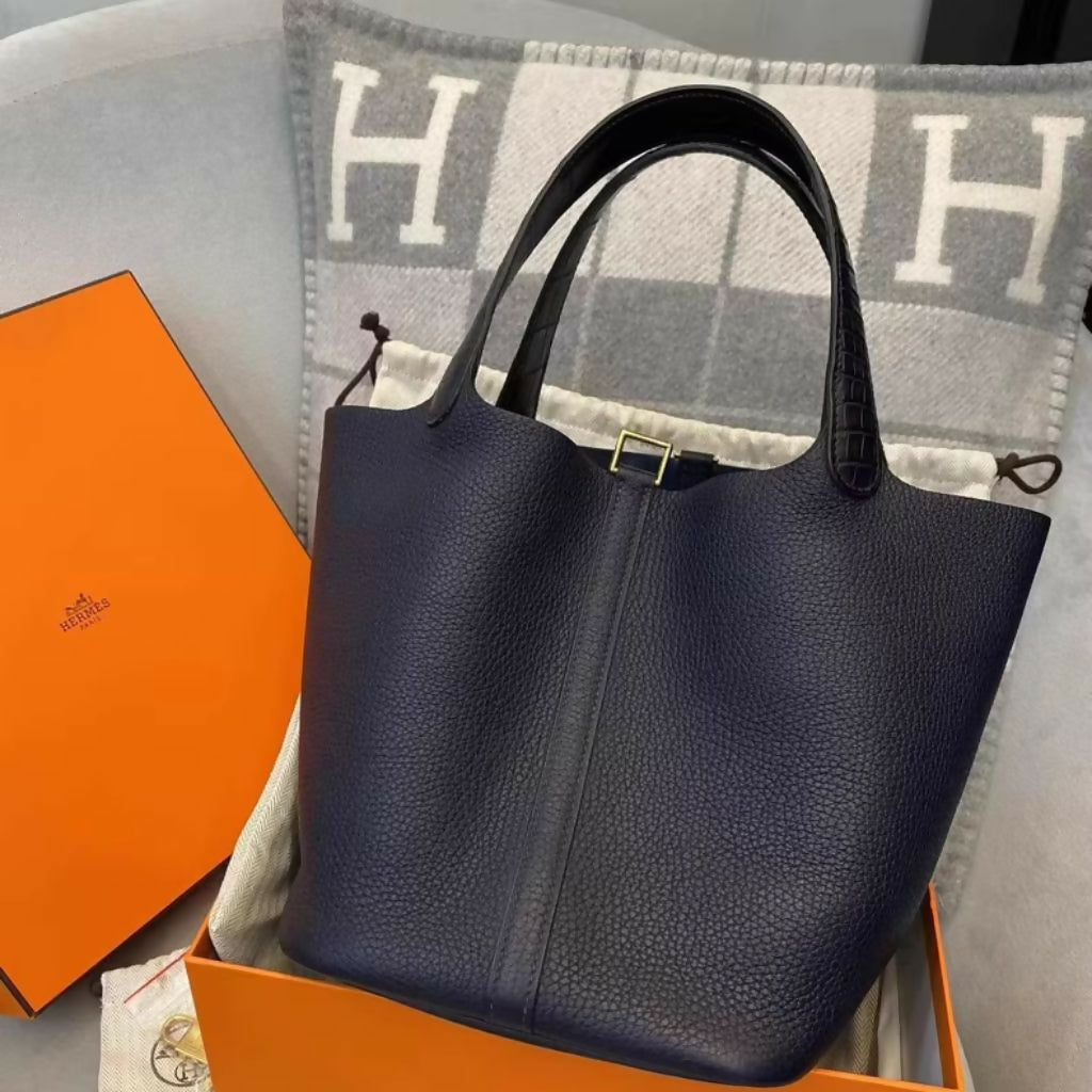 Hermes picotin 22 midnight blue touch crocodile leather gold hardware