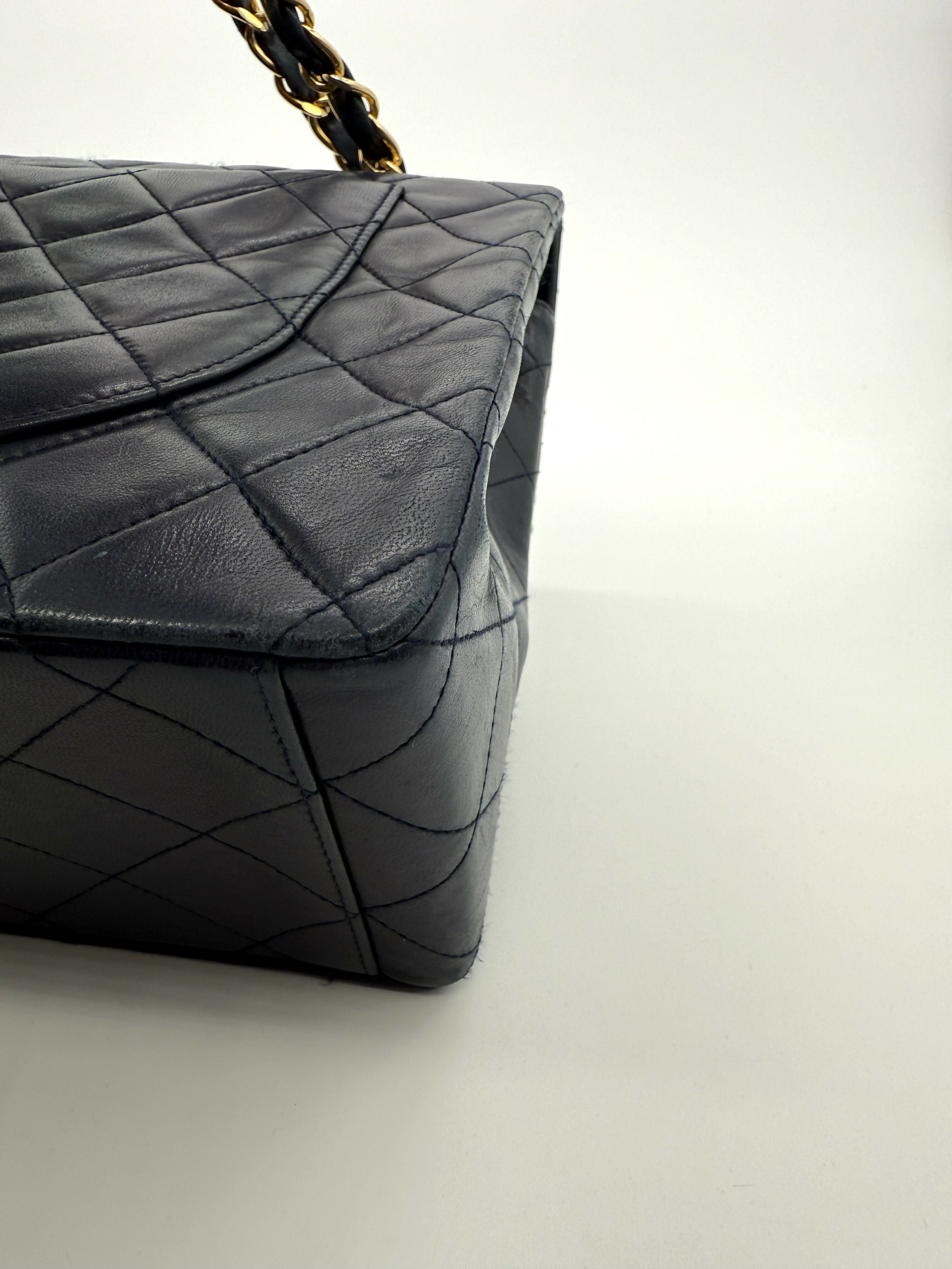 Chanel Vintage 1980s Navy Lambskin Maxi Classic Single Flap- Series 1