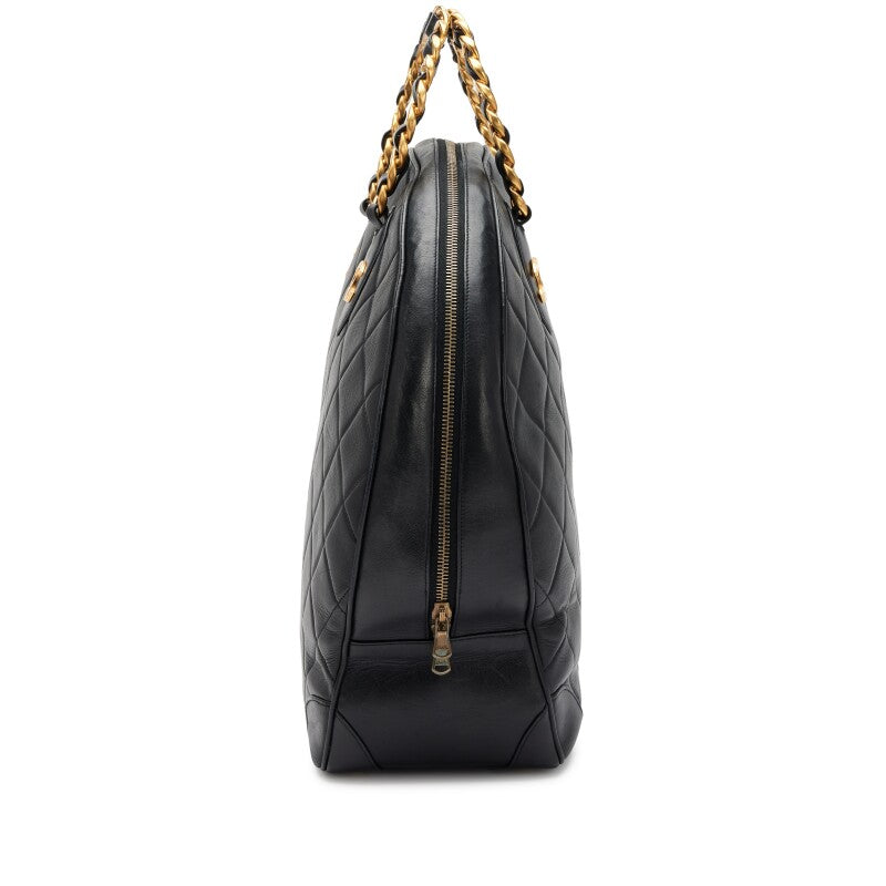 Chanel 1992 Vintage Black Quilted Lambskin Woven Chain Handle Bowler Bag Gold Hardware