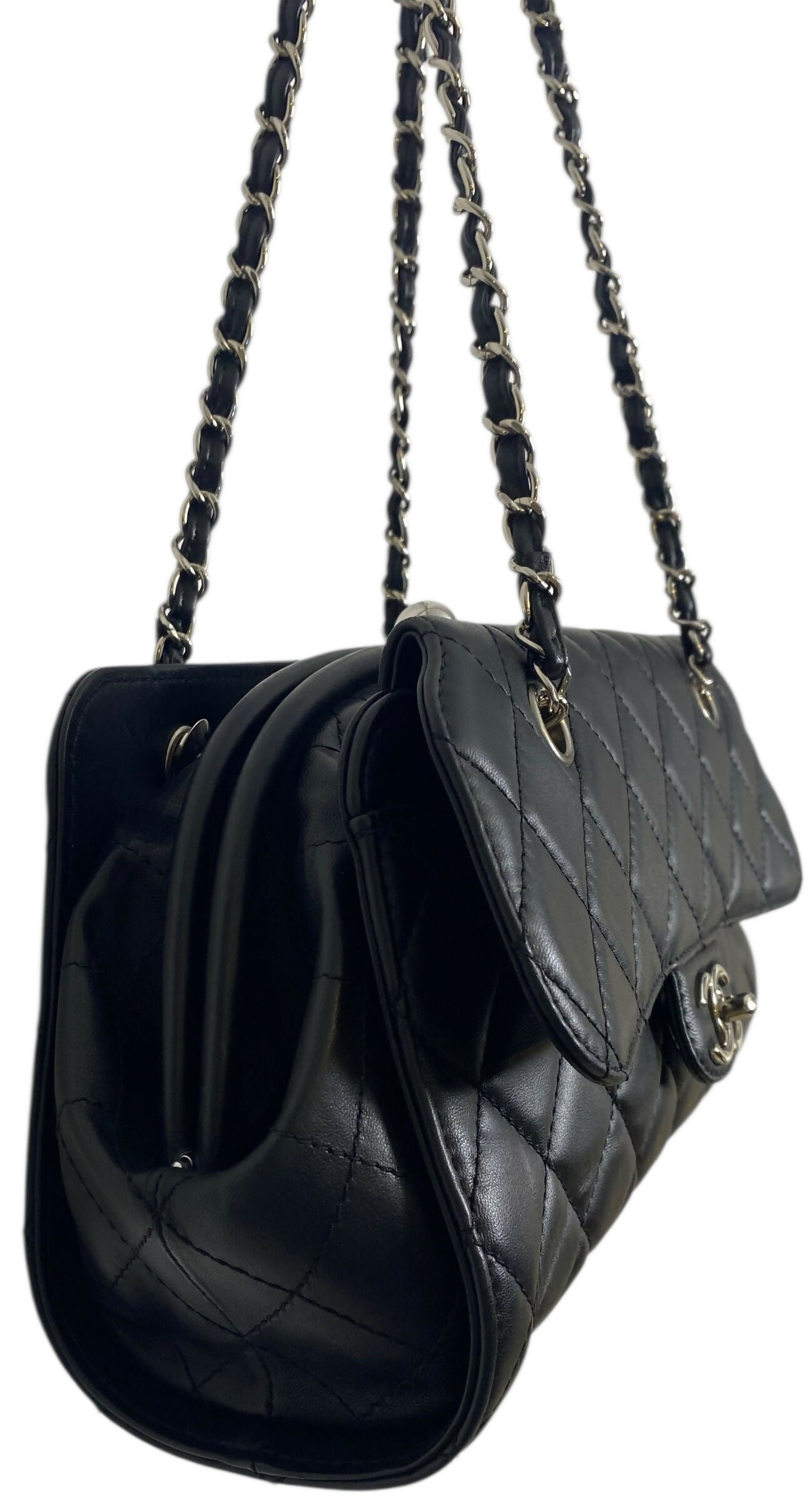 Chanel Classic Black CC Kisslock Lambskin Frame Compartment Bag