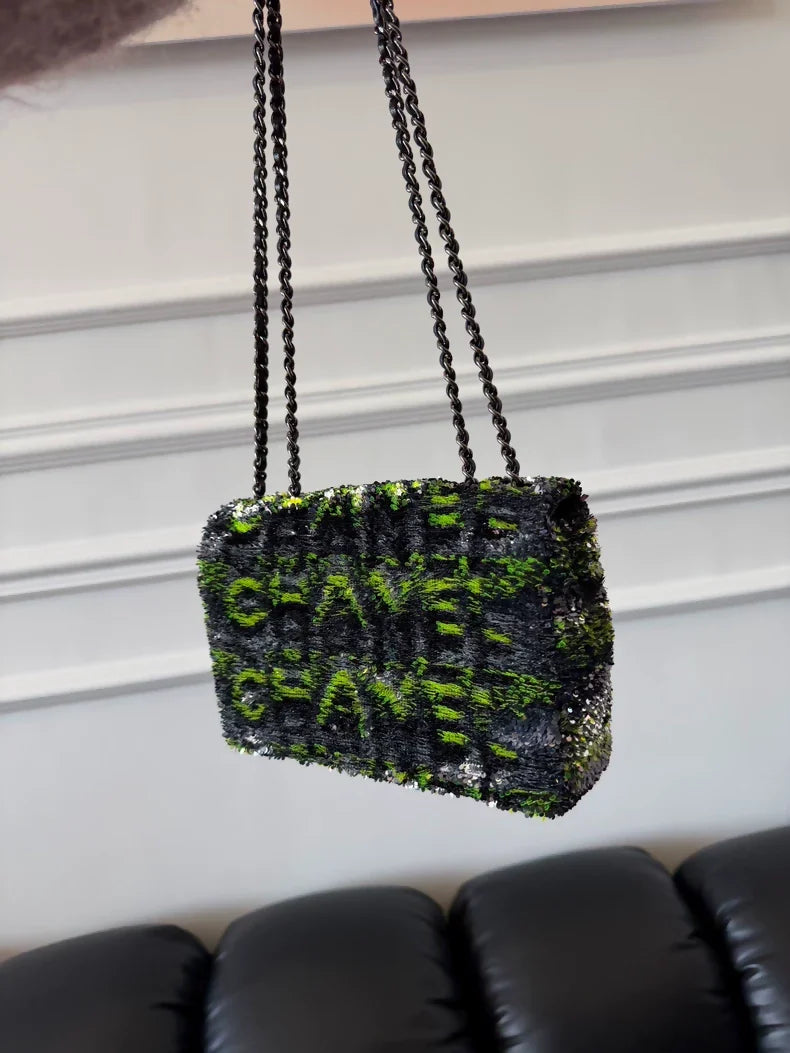 Mini Chanel CF bag with gradient neon green lettering and sequins