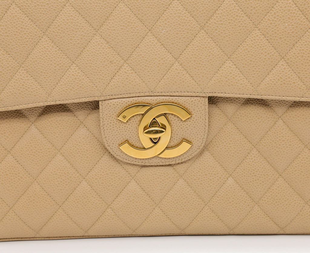 Chanel Vintage 1990s Caviar Dark Beige Jumbo Single Classic Flap Bag
