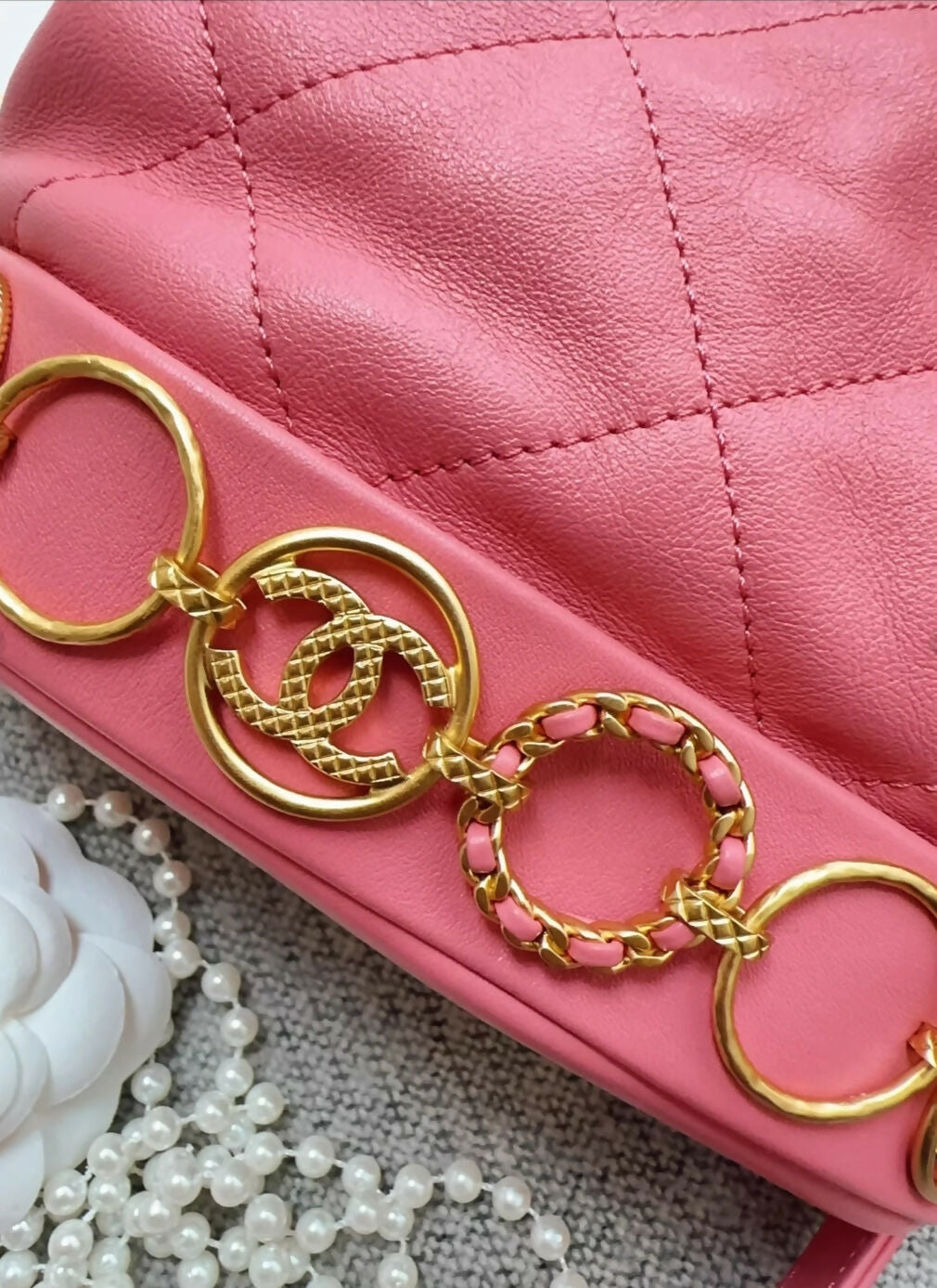 Chanel 23B pink leather gold chain bucket bag