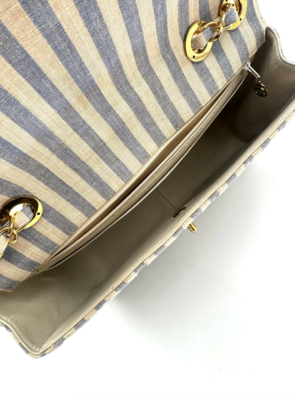 Chanel Vintage 1990s Blue and White Striped Linen Jumbo Single Classic Flap Bag
