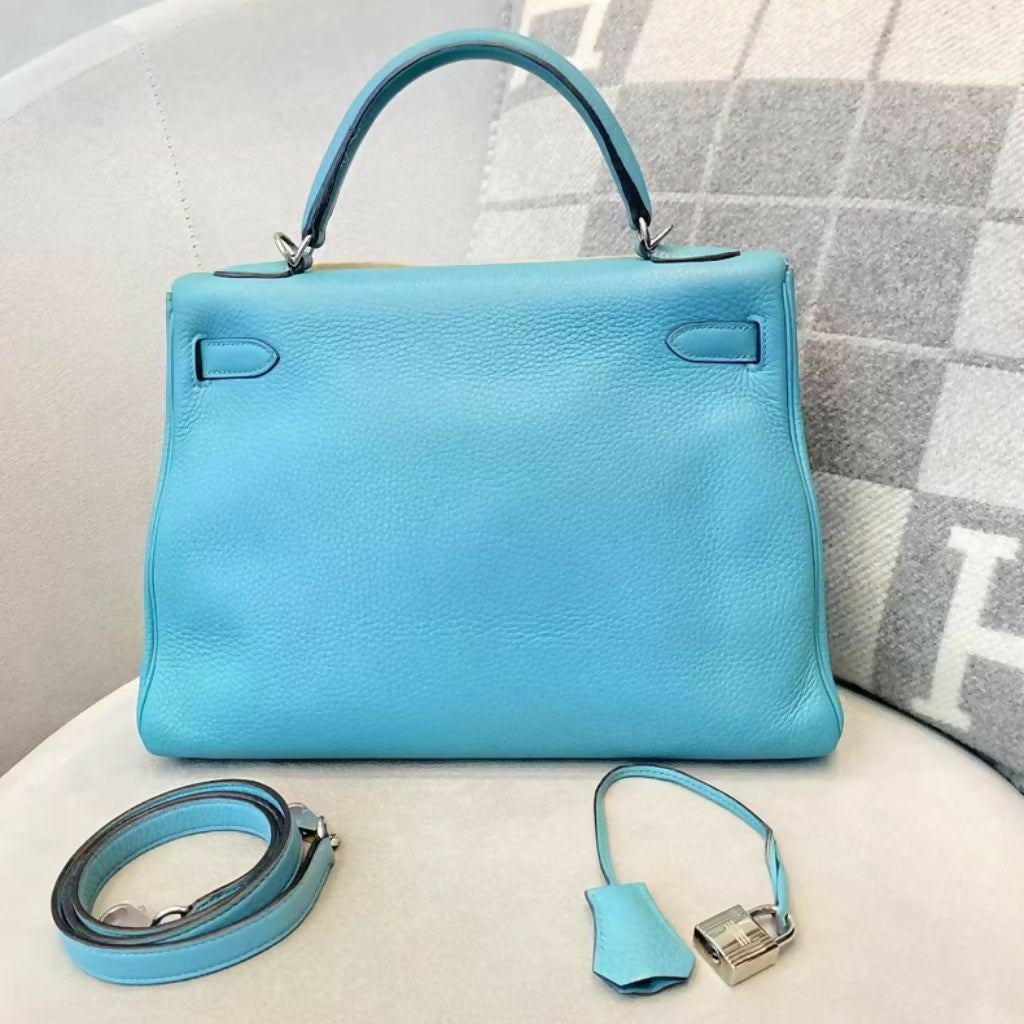 Hermes kelly 32 3P Bleu Atoll Togo Leather Palladium hardware
