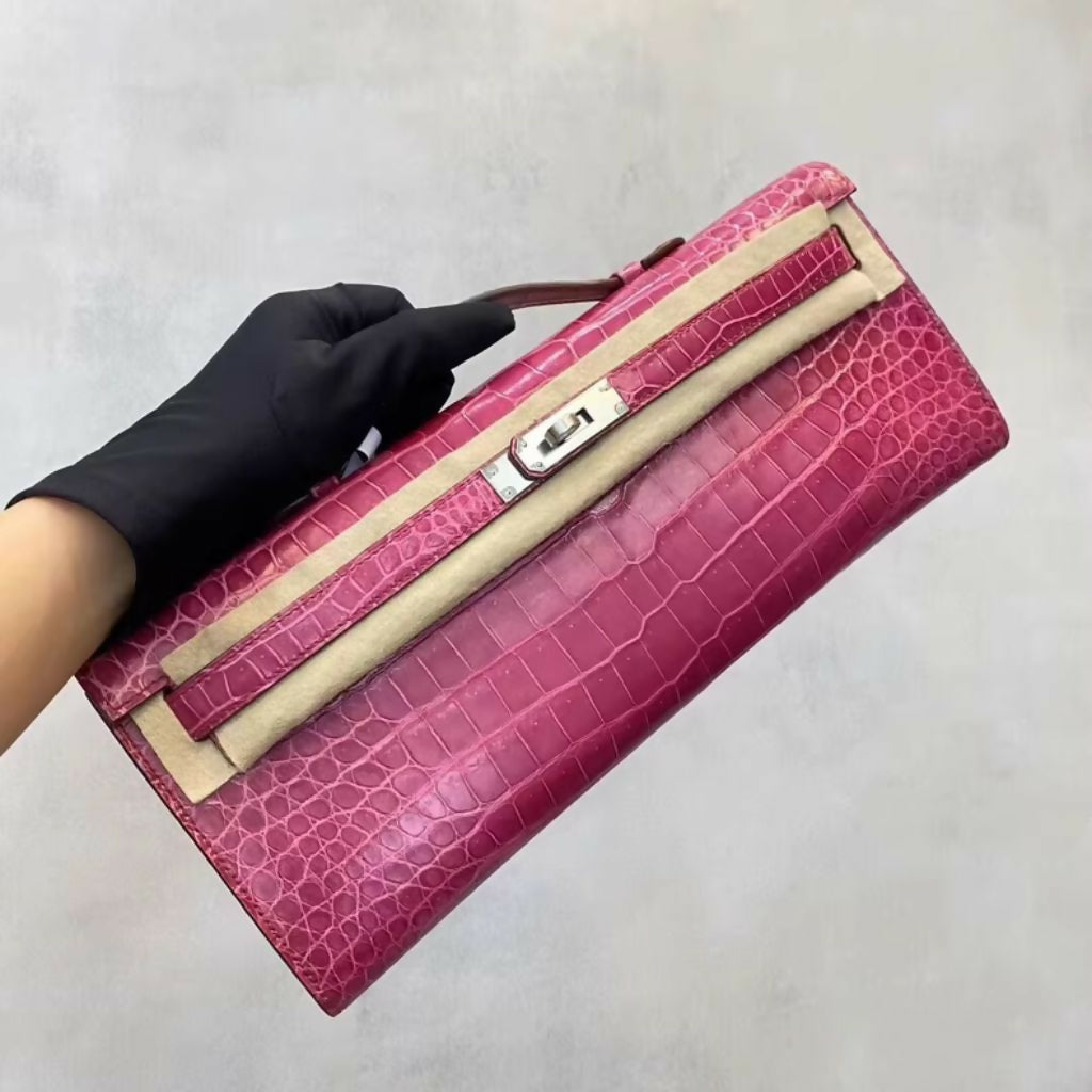 Hermes kelly cut 5J Fushia Shiny Crocodile Leather Palladium Hardware