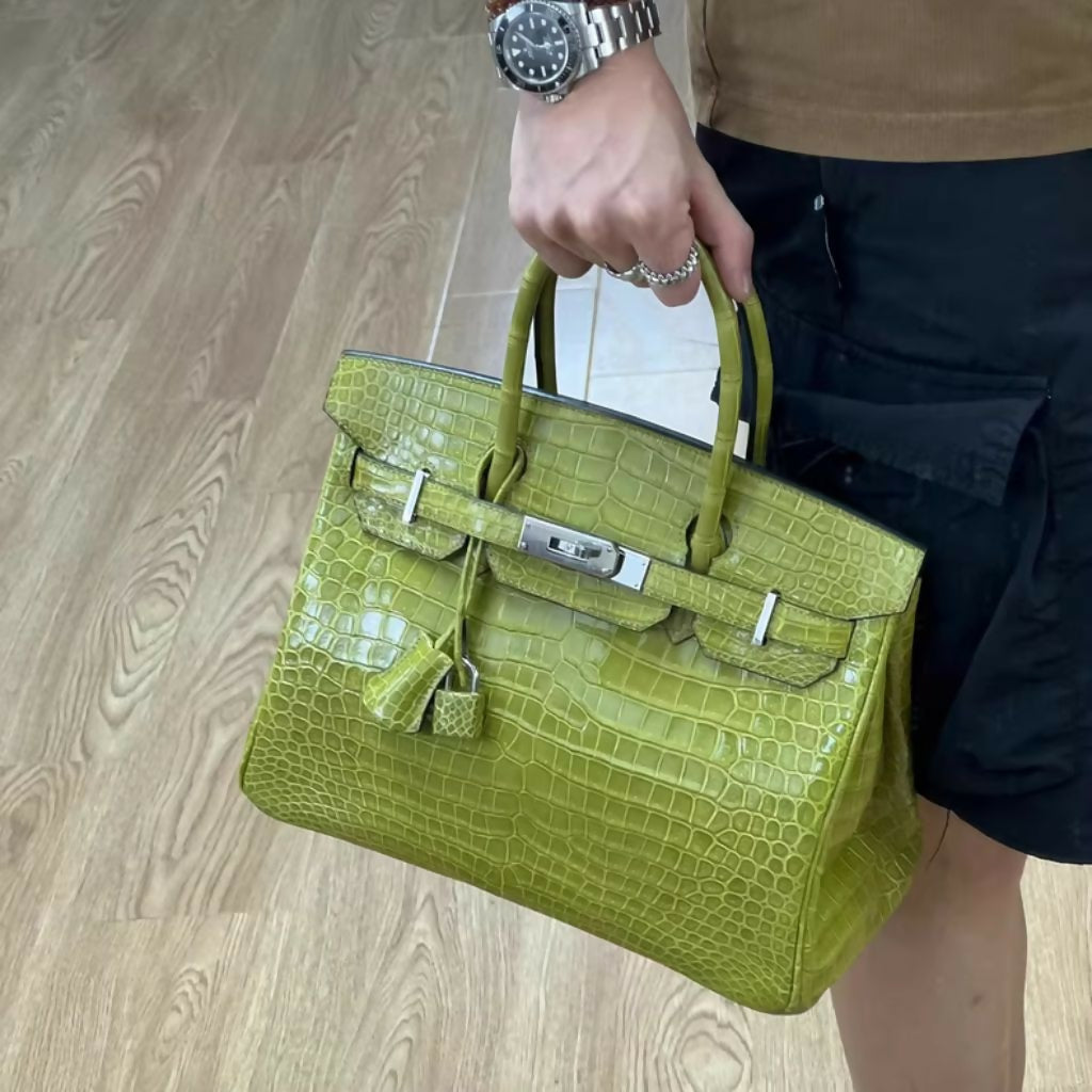 Hermès Birkin 30 Fennel Green Glossy Inverted V Crocodile